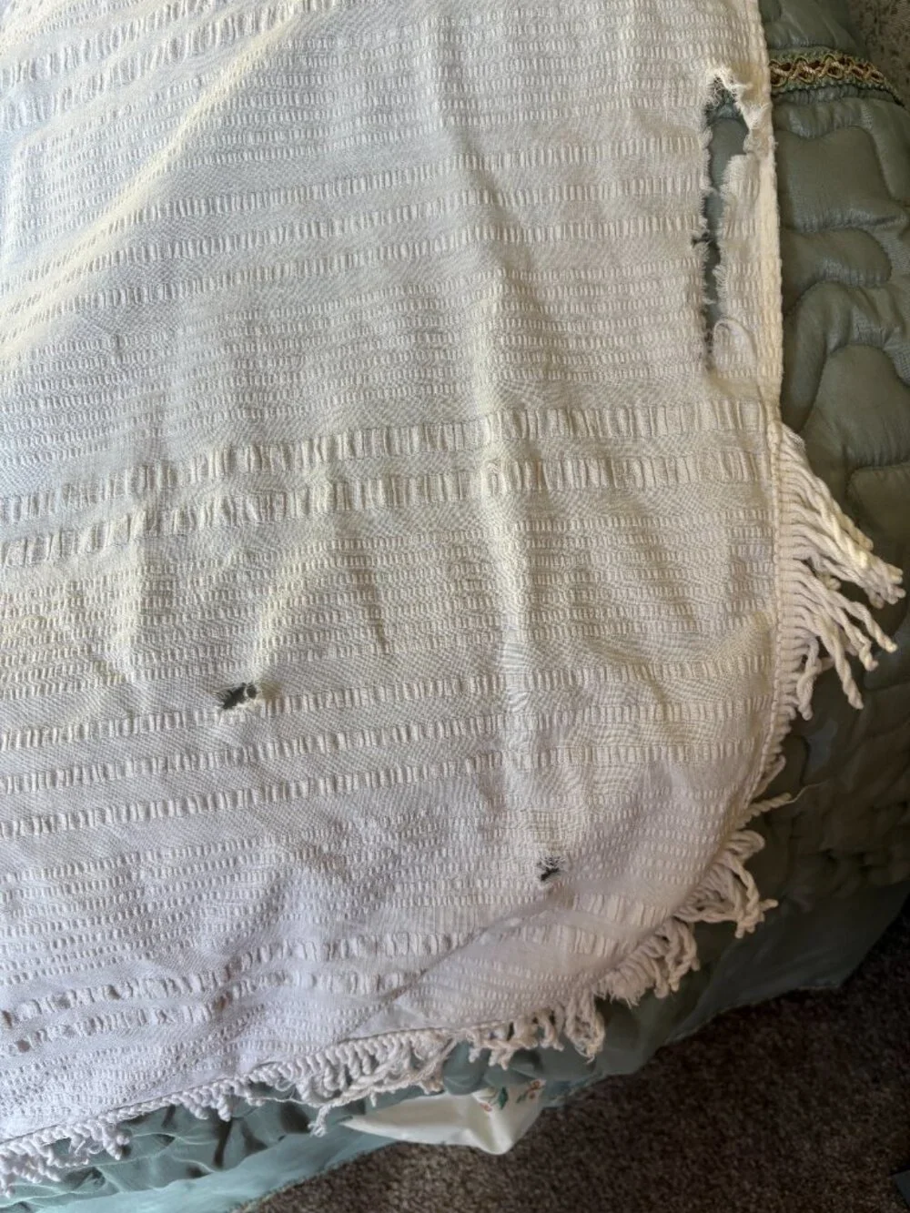 Vintage Embroidered Coverlet with Fringe. Basket of Flowers. Full Size